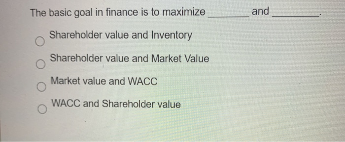  The basic goal in finance is to maximize and Shareholder value