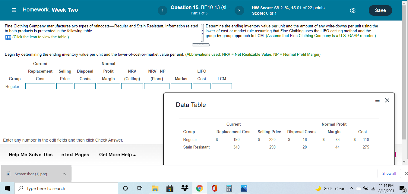  = Homework: Week Two Question 15, BE10-13 (si... Part 1 of