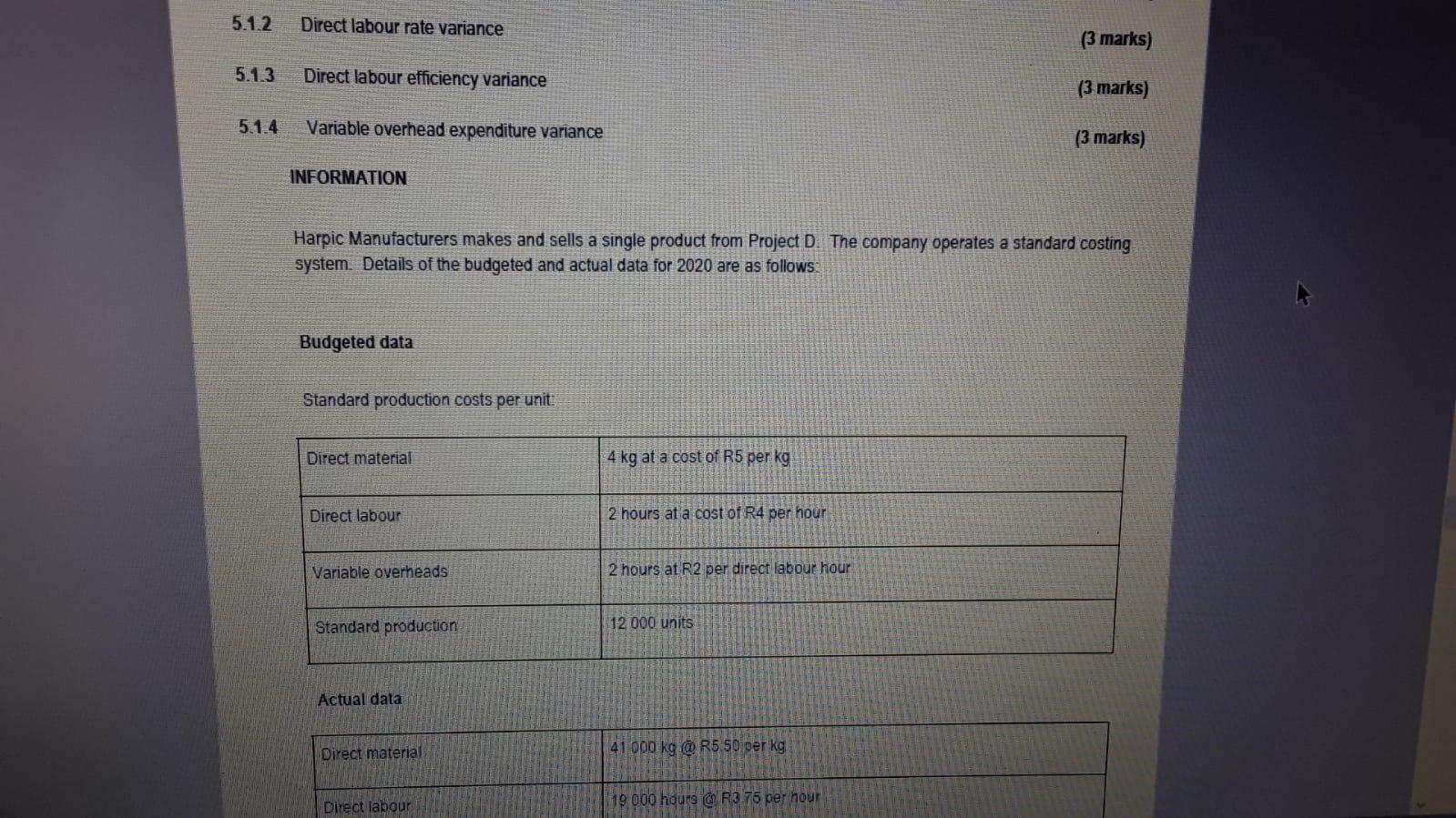 = Comment: (3 marks) 5.1.2 Direct labour rate variance = = =