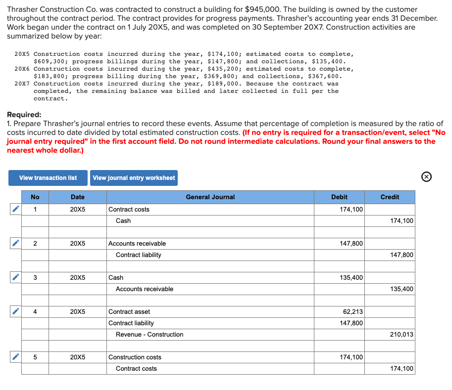 Thrasher Construction Co. was contracted to construct a building for $945,000.