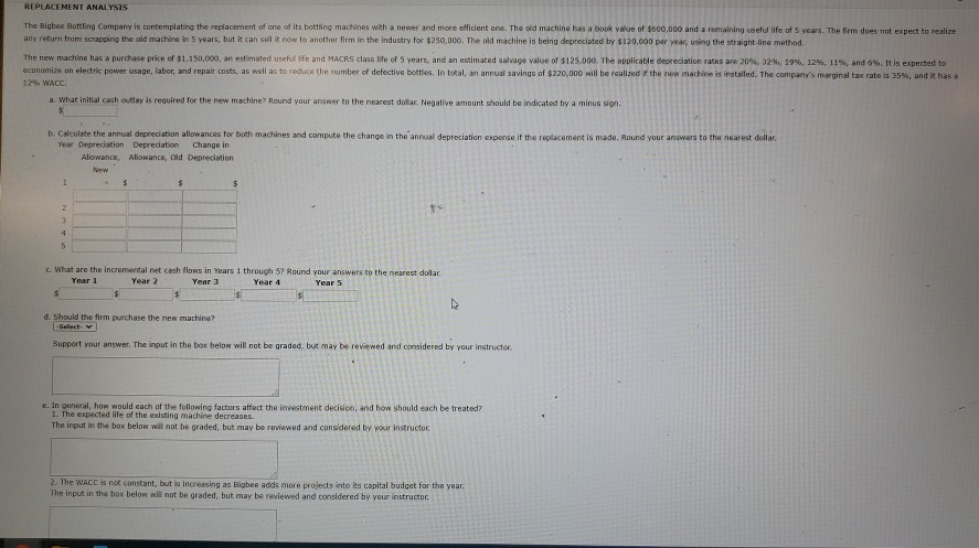 please solve REPLACEMENT ANALYSIS The Bigbee Bottling Company is contemplating the