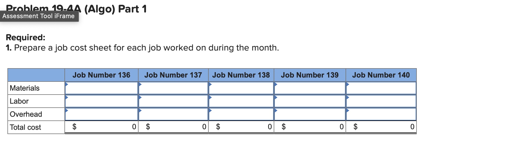 Problem 19-4A (Algo) Preparing job cost sheets, recording costs, preparing inventory