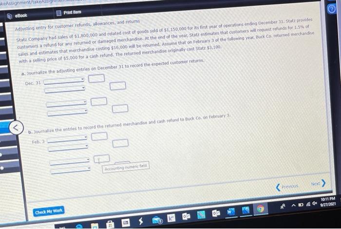  keAssignment/take Printer eBook Adjusting entry for customer refunds, allowances, and returns