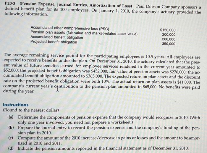 please help with correct answer P20-3 (Pension Expense, Journal Entries, Amortization of