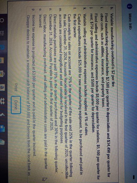 budget by quarters Giseppe's balance sheet for December 31, 2024 follows (Click