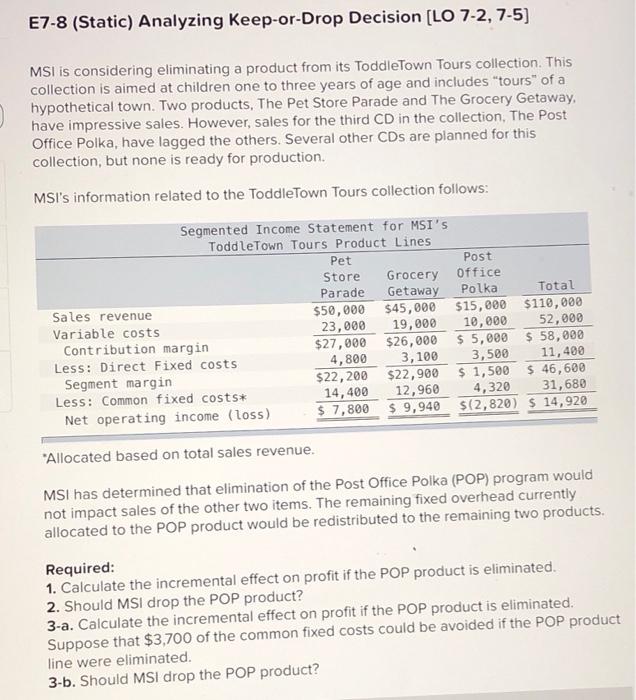  E7-8 (Static) Analyzing Keep-or-Drop Decision (LO 7-2, 7-5) MSI is considering