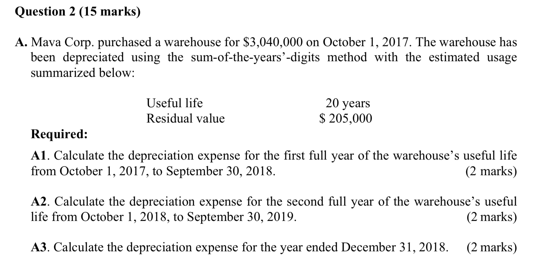  Question 2 (15 marks) A. Mava Corp. purchased a warehouse for