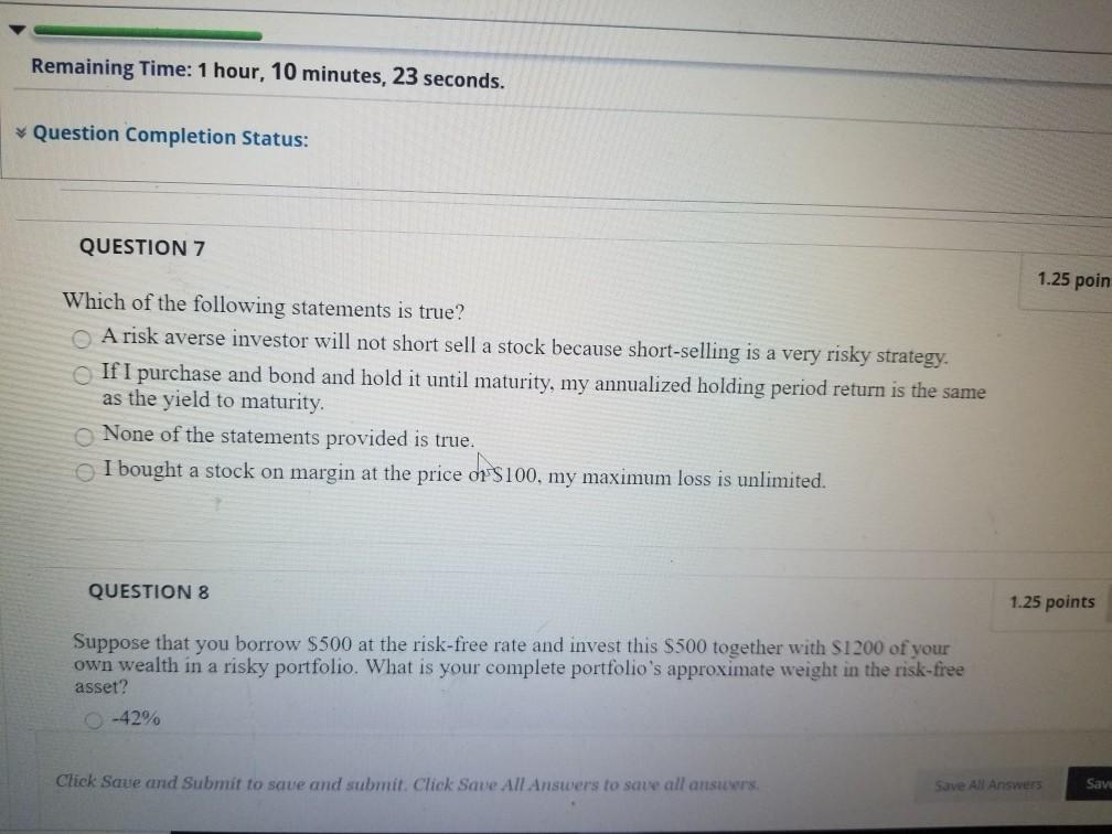 Remaining Time: 1 hour, 10 minutes, 23 seconds. Question Completion Status: