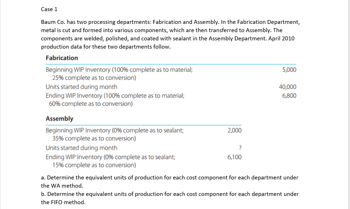  Case 1 Baum Co. has two processing departments: Fabrication and Assembly.