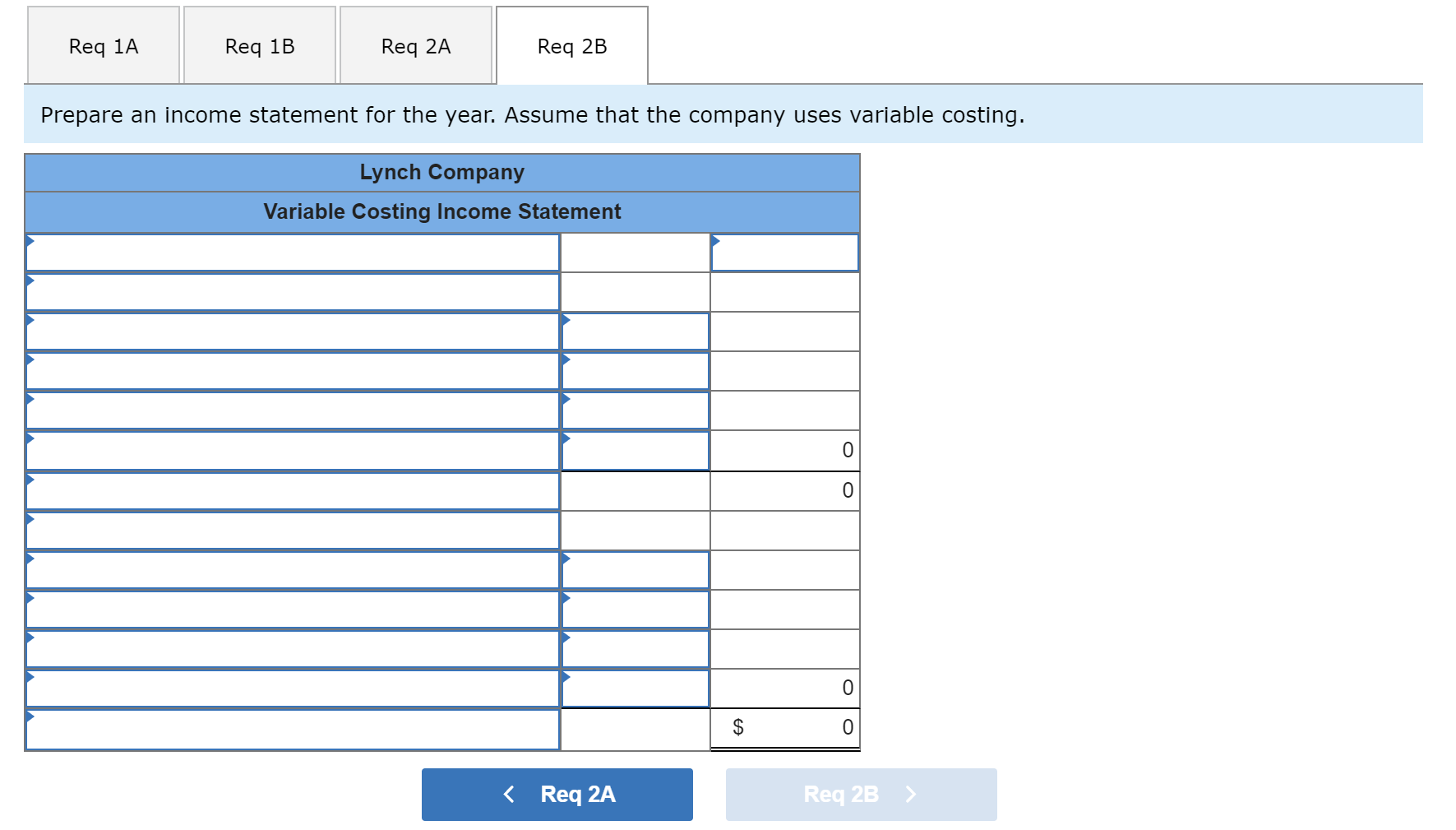 Skipped Variable costs per unit: Manufacturing: Direct materials Direct labor Variable manufacturing