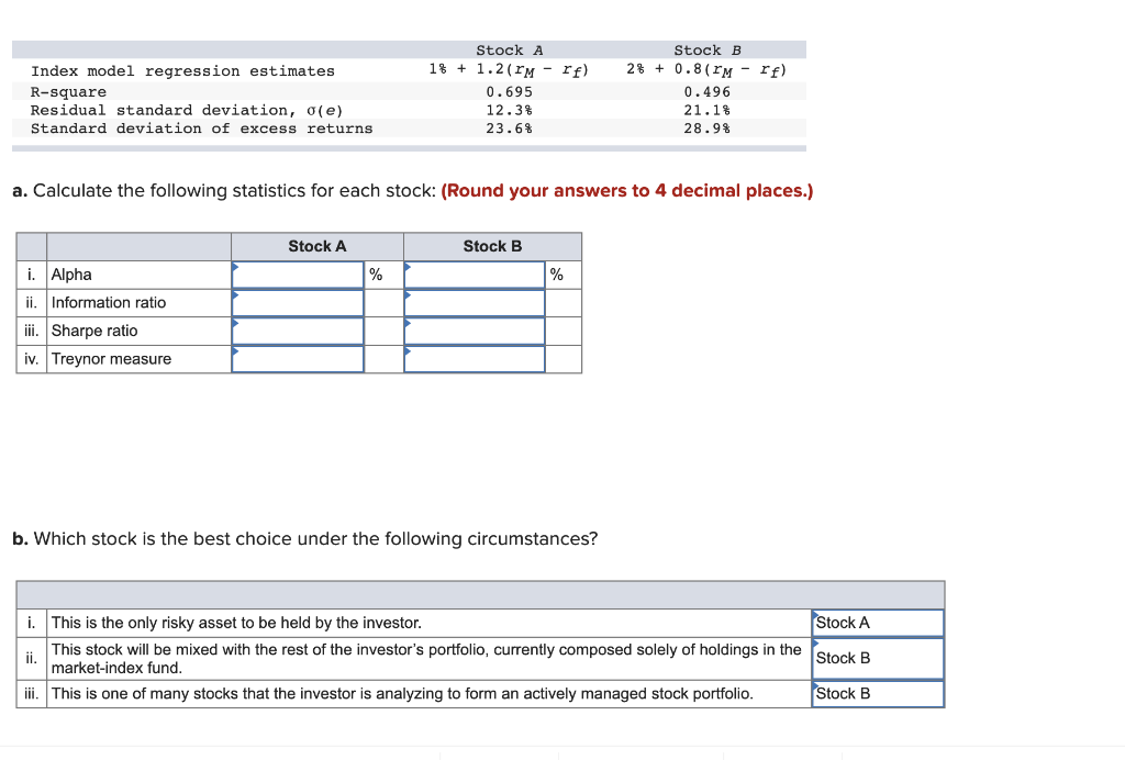 Consider the two (excess return) index-model regression results for stocks A and