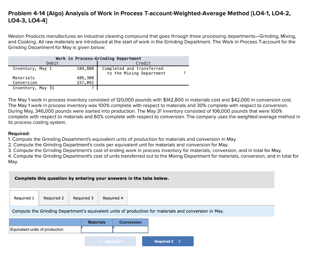 Problem 4-14 (Algo) Analysis of Work in Process T-account-Weighted-Average Method [LO4-1,