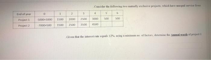  Consider the following two mutually exclusive projects, which have mequel service