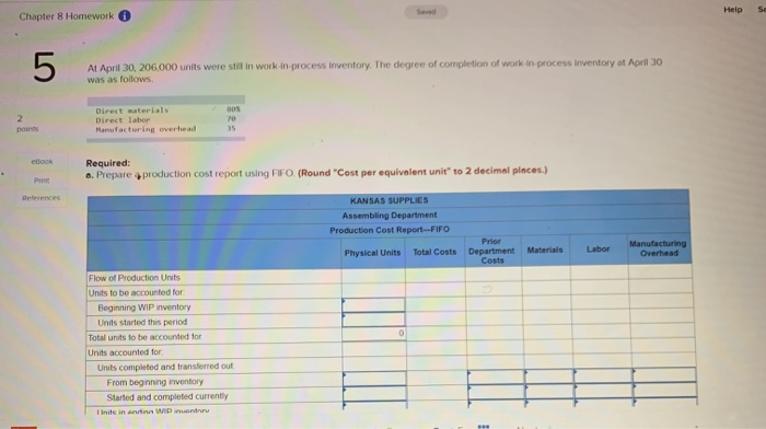 Cost Report: FIFO Method (LO 8-4,5) 2 points Kansas Supplies is a