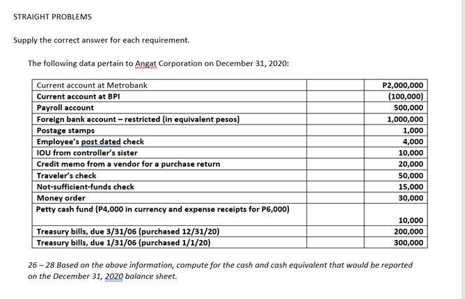 STRAIGHT PROBLEMS Supply the correct answer for each requirement. The following