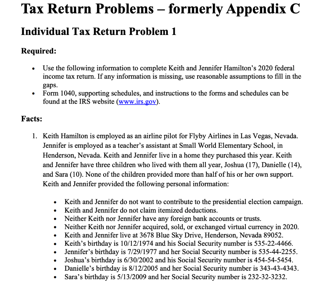  Tax Return Problems formerly Appendix C Individual Tax Return Problem 1
