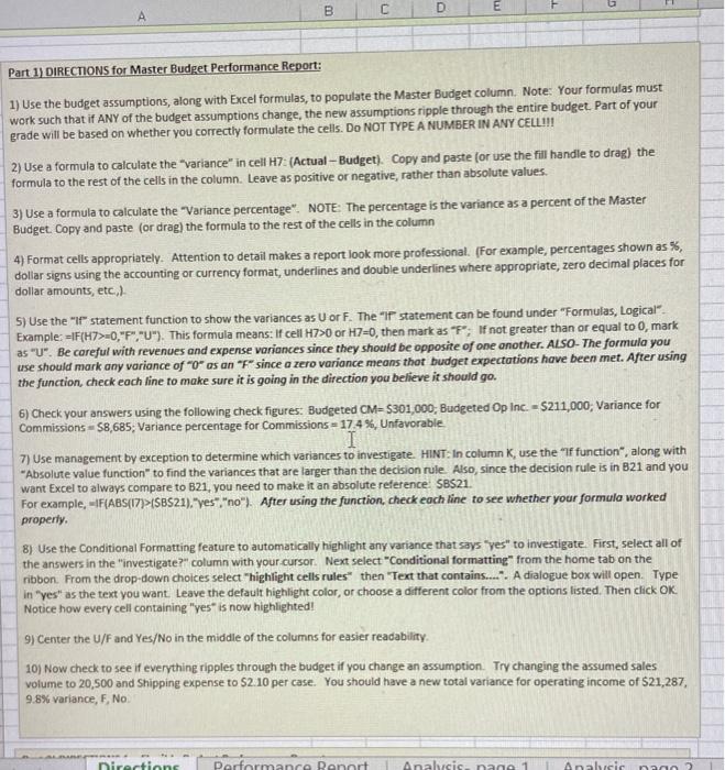  B A Part 1) DIRECTIONS for Master Budget Performance Report: 1)