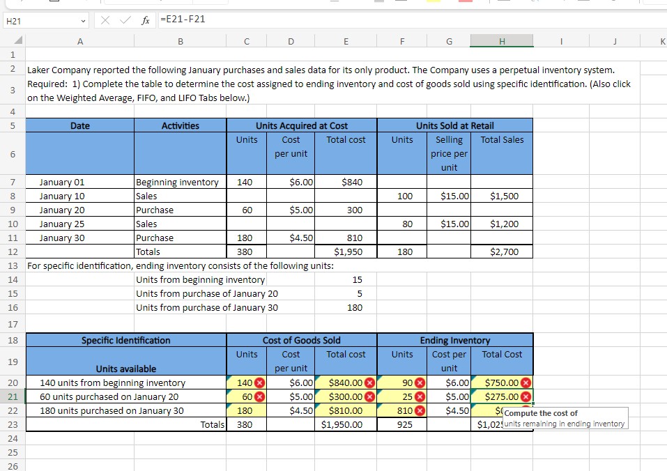 2 13 =E21-F21 Laker Company reported the following January purchases and sales
