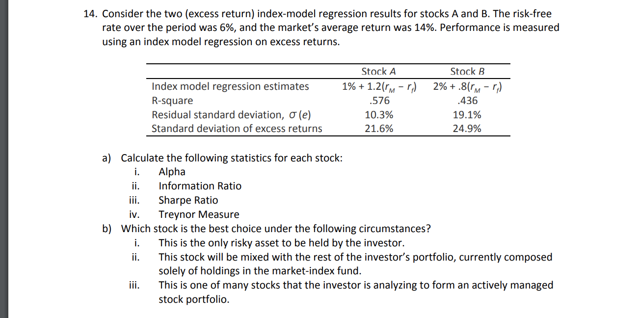 14. Consider the two (excess return) index-model regression results for stocks