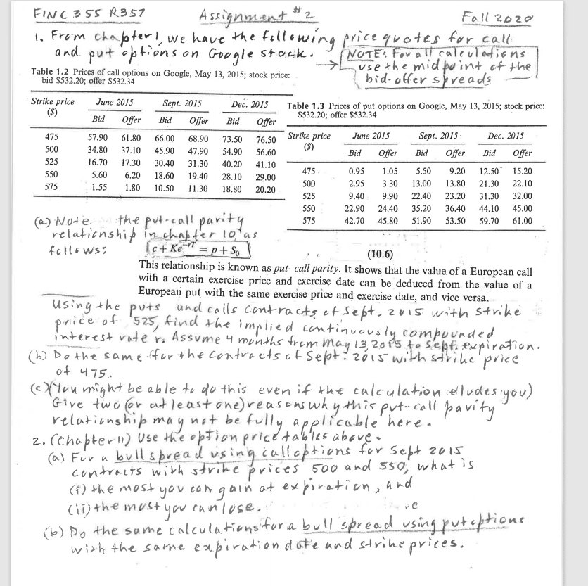  FINC 355 R357 Assignment ? Fall 2020 1. From Chapter! We