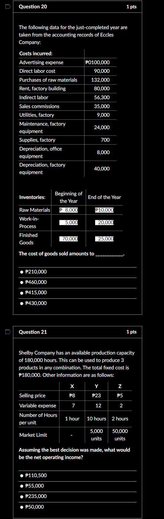 Question 20 1 pts The following data for the just-completed year