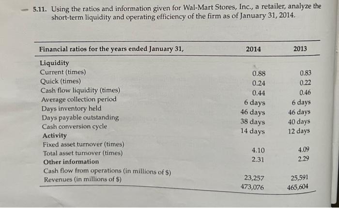  5.11. Using the ratios and information given for Wal-Mart Stores, Inc.,