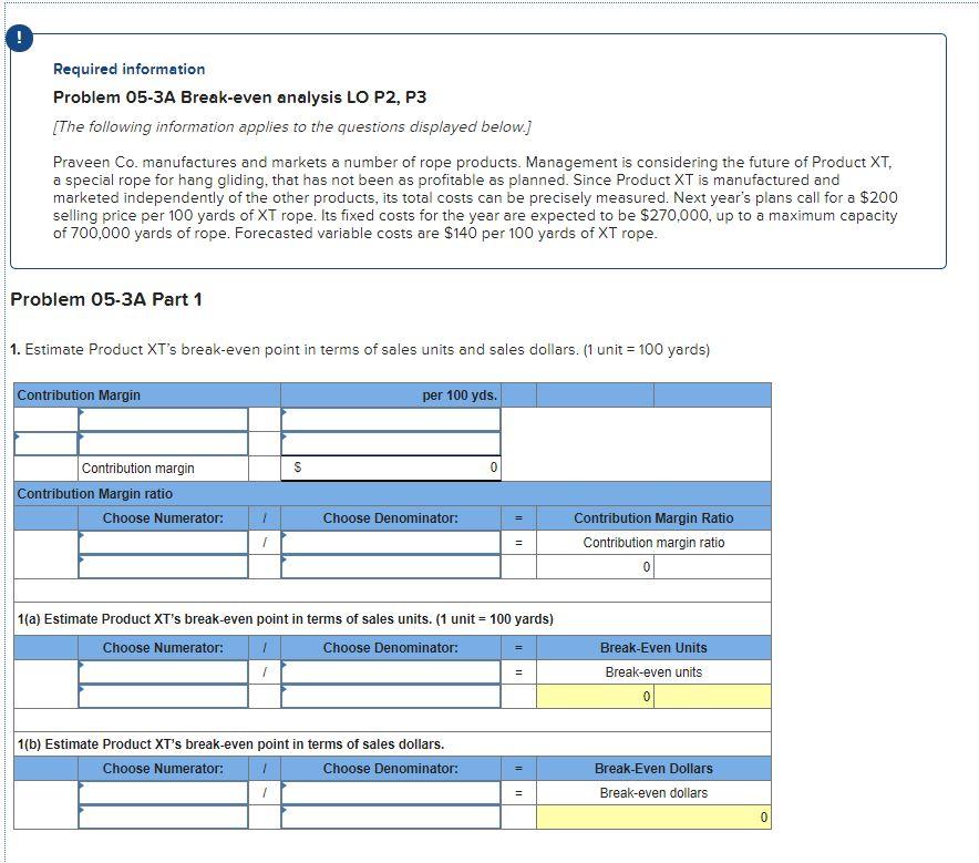  Required information Problem 05-3A Break-even analysis LO P2, P3 (The following