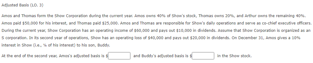  Adjusted Basis (LO. 3) Amos and Thomas form the Show Corporation