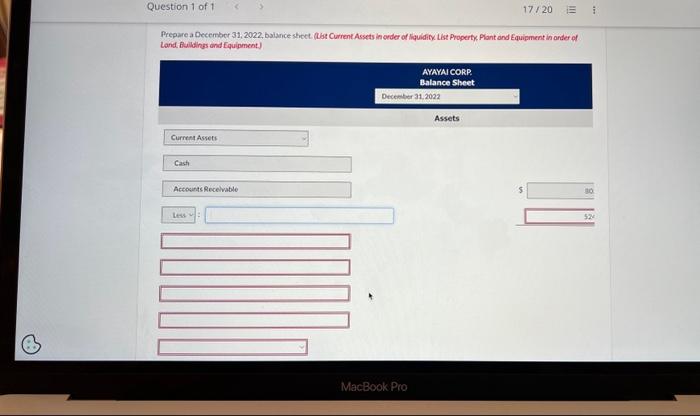 I need help creating a balance sheet for this problem. Prepare a