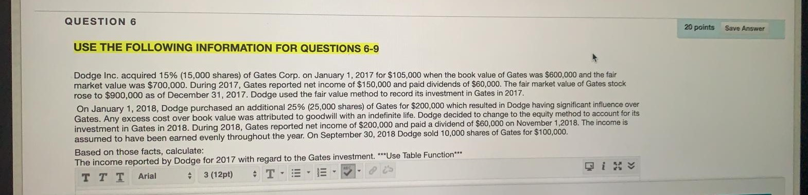 QUESTION 6 20 points Save Answer USE THE FOLLOWING INFORMATION FOR