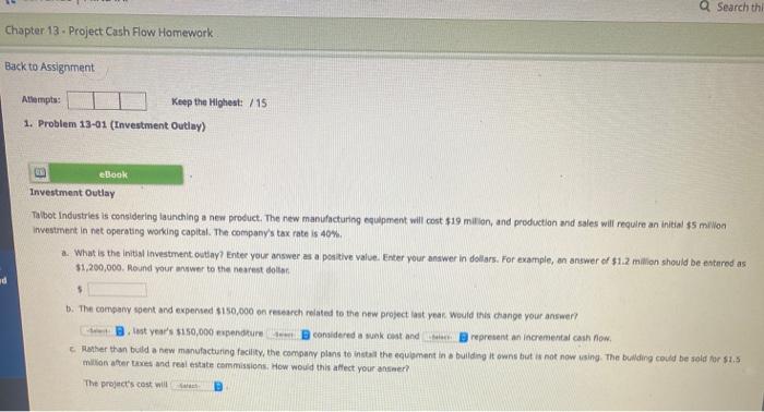  0 Sch thi Chapter 13. Project Cash Flow Homework Back to
