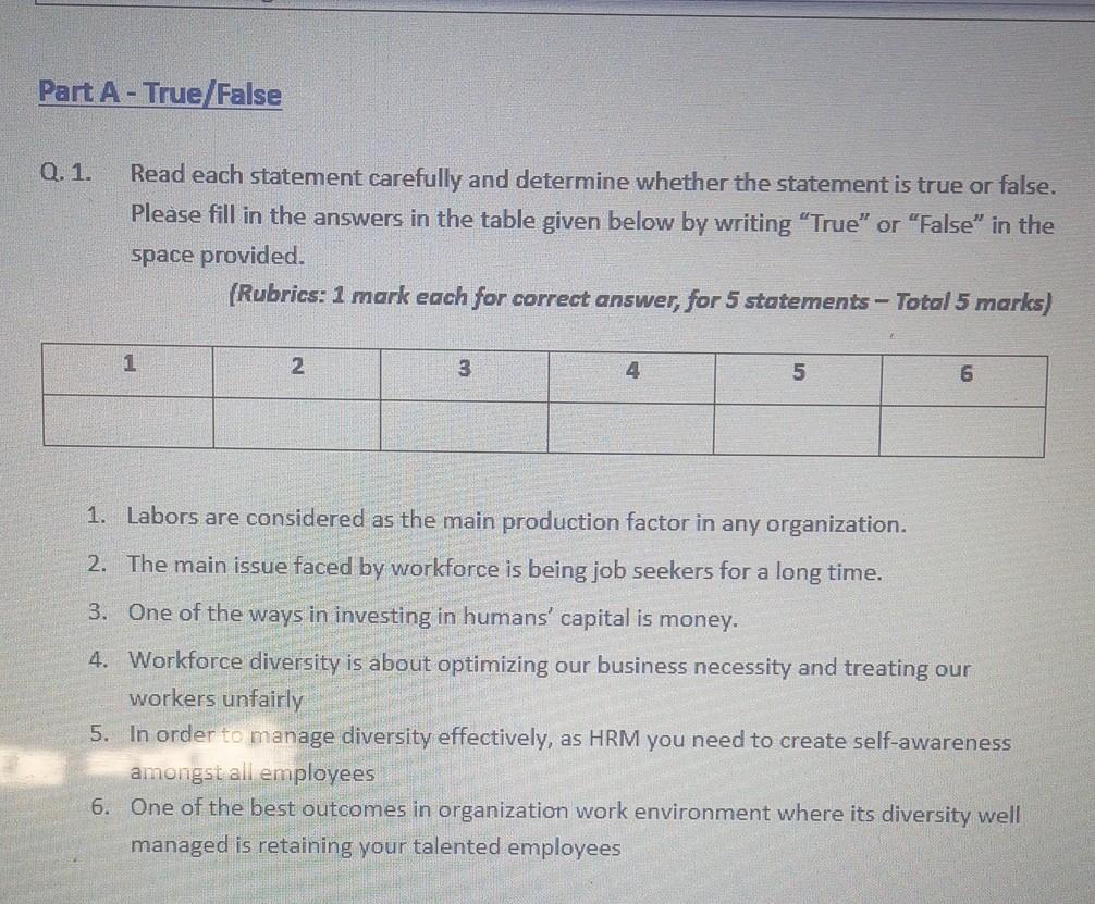  Part A - True/False Q. 1. Read each statement carefully and