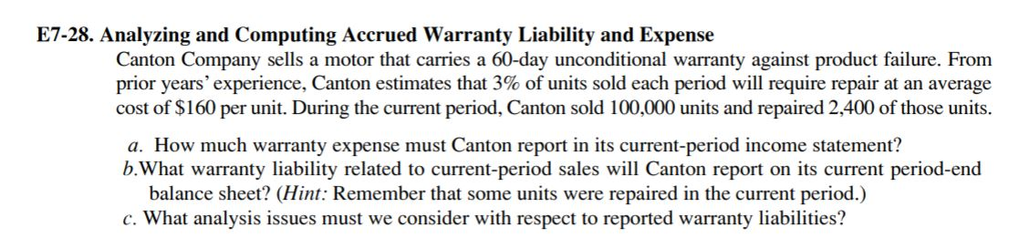  E7-28. Analyzing and Computing Accrued Warranty Liability and Expense Canton Company