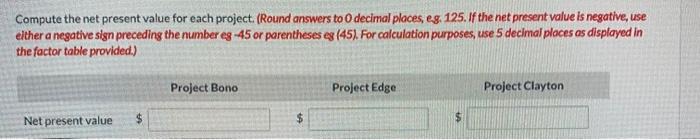  Compute the net present value for each project. (Round answers to