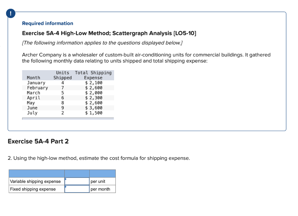  Required information Exercise 5A-4 High-Low Method; Scattergraph Analysis (LO5-10] (The following