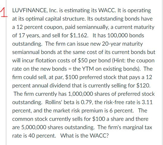 1 LUVFINANCE, Inc. is estimating its WACC. It is operating at