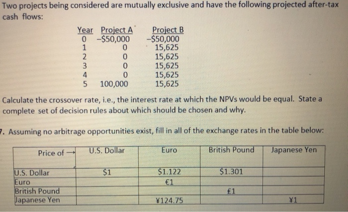  Two projects being considered are mutually exclusive and have the following