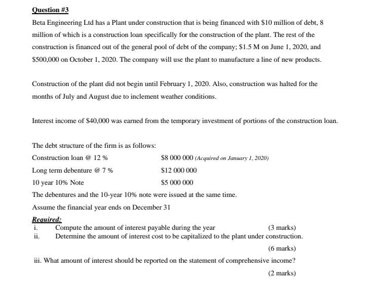  Question #3 Beta Engineering Ltd has a Plant under construction that