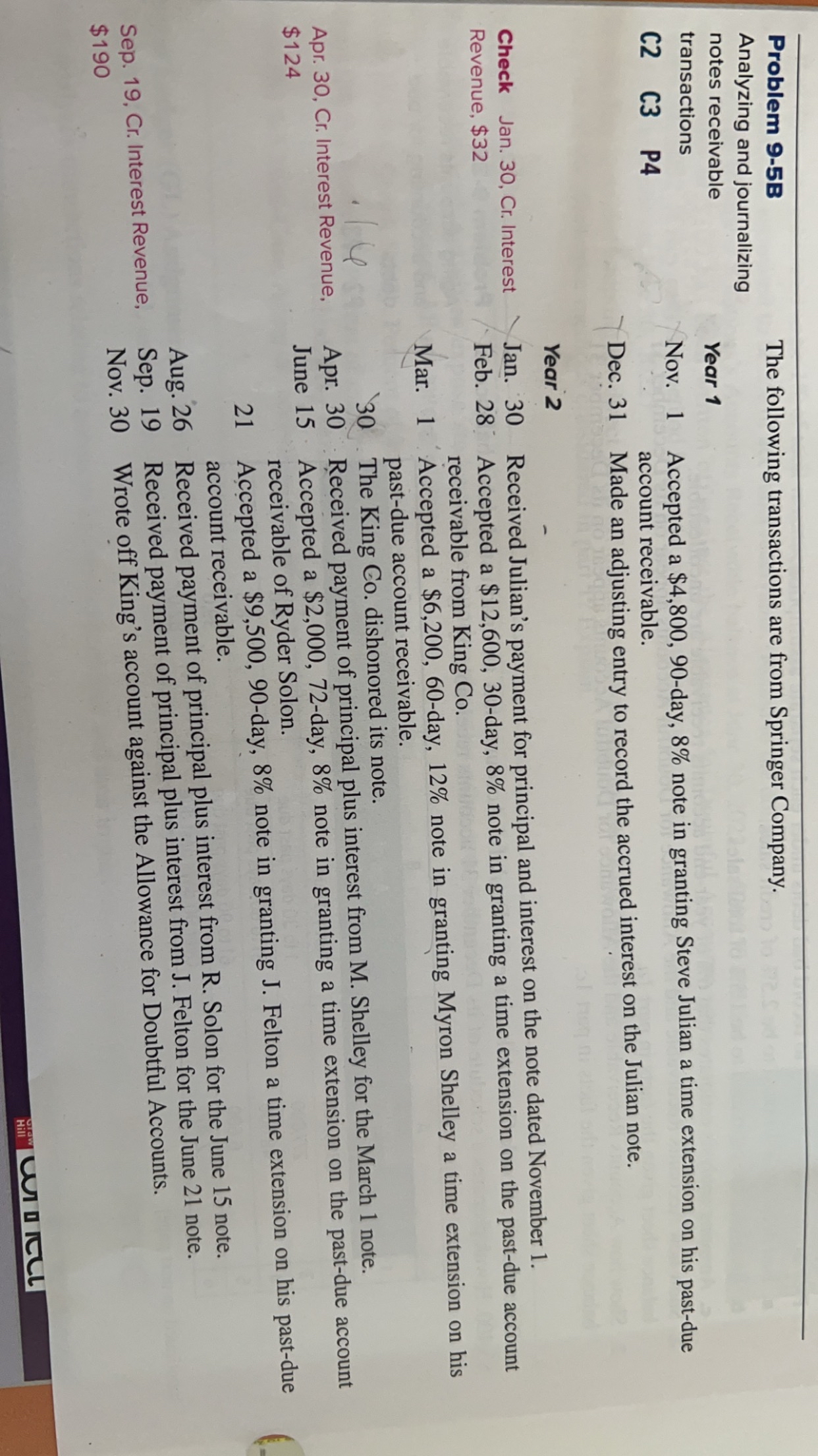  Problem 9-5B Analyzing and journalizing notes receivable transactions Check Jan. 30,
