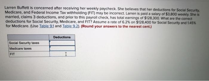  Larren Buffett is concerned after receiving her weekly paycheck. She believes