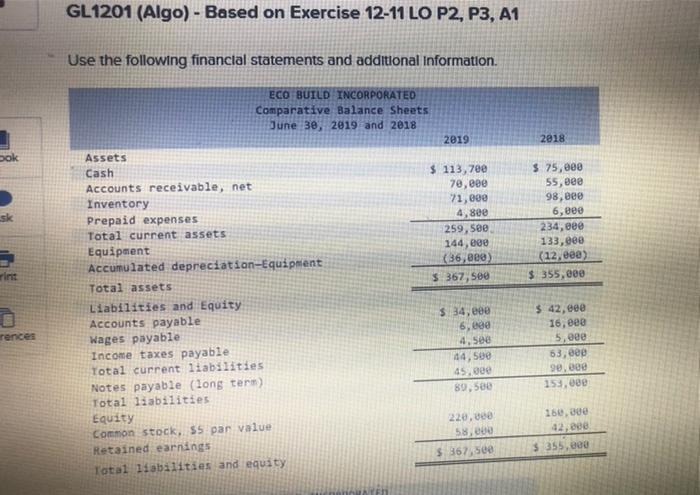  GL1201 (Algo) - Based on Exercise 12-11 LO P2, P3, A1