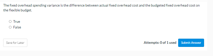  The fixed overhead spending variance is the difference between actual fixed