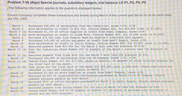  Need help!! Problem 7-1A (Algo) Special journals, subsidiary ledgers, trial balance