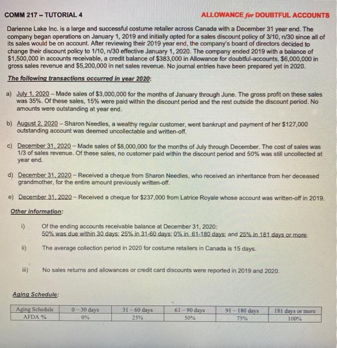  COMM 217 - TUTORIAL 4 ALLOWANCE for DOUBTFUL ACCOUNTS Darienne Lake