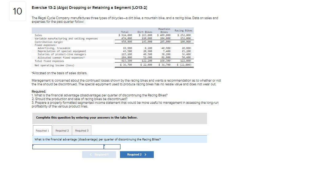  Exercise 13-2 (Algo) Dropping or Retaining a Segment [LO13-21 10 The