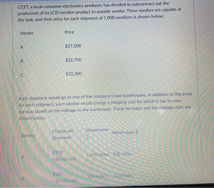  CCET, a local consumer electronics producer, has decided to subcontract out