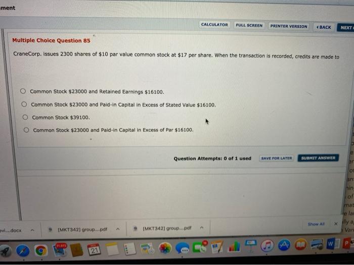  ment CALCULATOR FULL SCREEN PRINTER VERSION BACK NEXT Multiple Choice Question