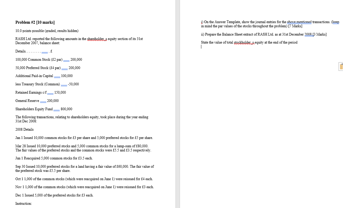  Problem #2 [10 marks] 1 On the Answer Template, show the