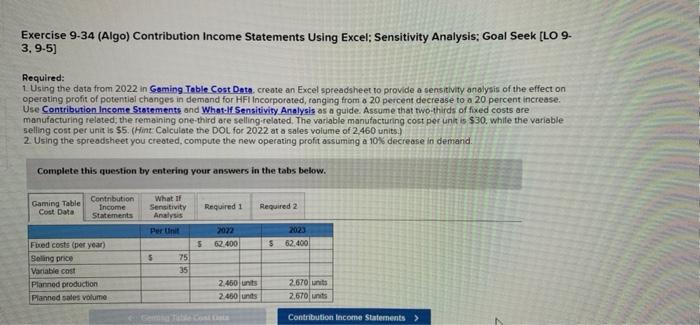  Exercise 9-34 (Algo) Contribution Income Statements Using Excel: Sensitivity Analysis: Goal