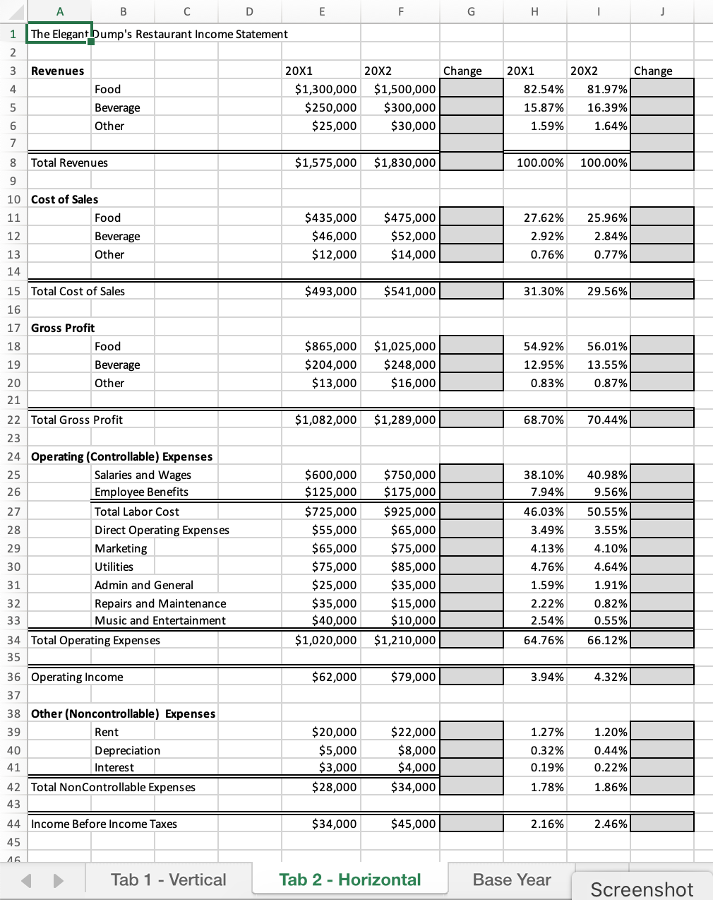 analysis (tab 1), horizontal analysis (tab 2), and base year comparison analysis